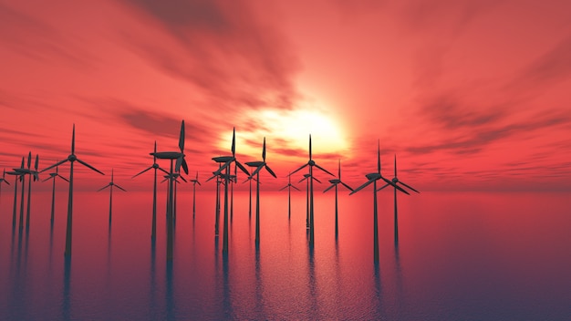 Éoliennes 3D dans la mer contre un ciel coucher de soleil