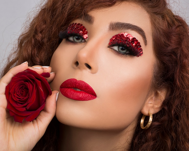 Photo gratuit ombre à paupières rouge scintillant sur modèle professionnel