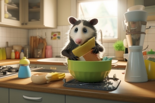 Un opossum mignon avec de la nourriture