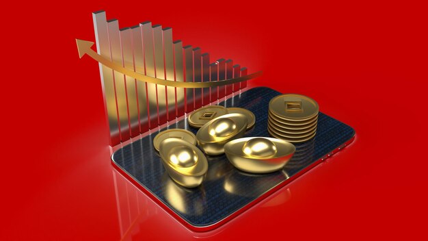 L'or chinois et la tablette sur fond rouge pour le rendu 3d du concept d'entreprise