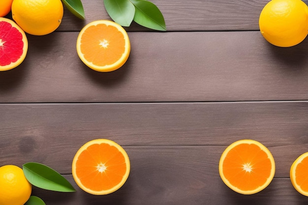 Photo gratuite oranges sur une table en bois avec des feuilles vertes sur le dessus