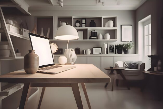 Photo gratuite ordinateur portable sur le bureau dans un intérieur de bureau moderne rendering 3d