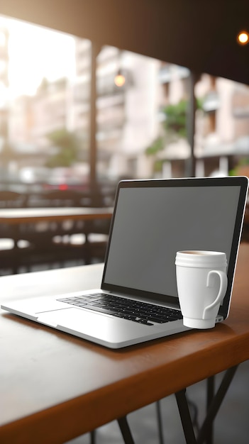 Photo gratuite ordinateur portable avec écran vierge et tasse de café sur la table dans un café