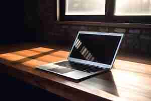 Photo gratuite ordinateur portable sur table en bois dans une pièce sombre avec fenêtre et lumière du soleil
