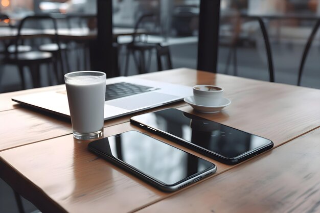 Photo gratuite un ordinateur portable et une tasse de café sur une table en bois dans un café