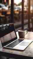 Photo gratuite un ordinateur portable et une tasse de café sur une table en bois dans un café.