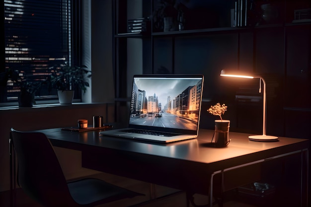 Ordinateur portable et tasse à café sur la table dans le bureau la nuit avec vue sur la ville