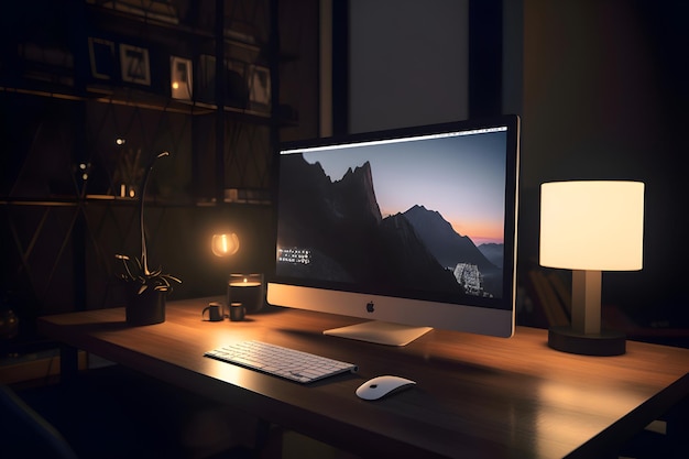 L'ordinateur sur la table dans la chambre noire rendu 3D