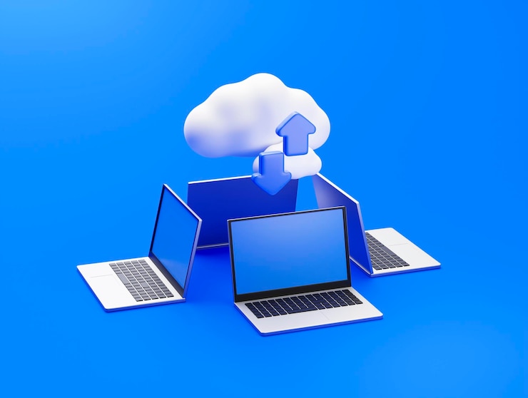 Photo gratuit les ordinateurs portables transfèrent et téléchargent des données sur l'icône ou le symbole de diagramme de données d'infrastructure de technologie de réseau informatique en nuage rendu 3d