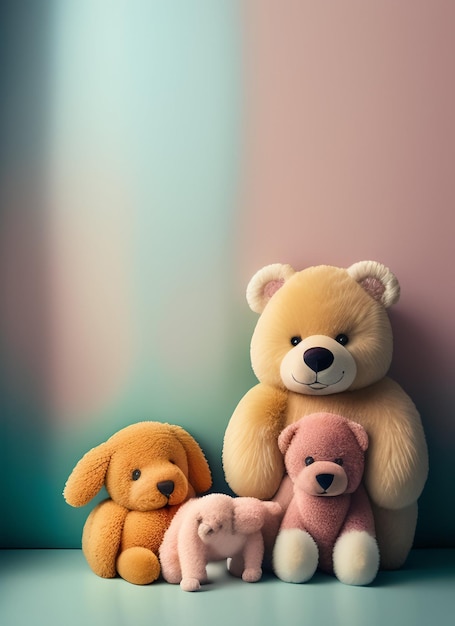 Photo gratuite un ours en peluche et deux autres animaux en peluche sont assis ensemble.