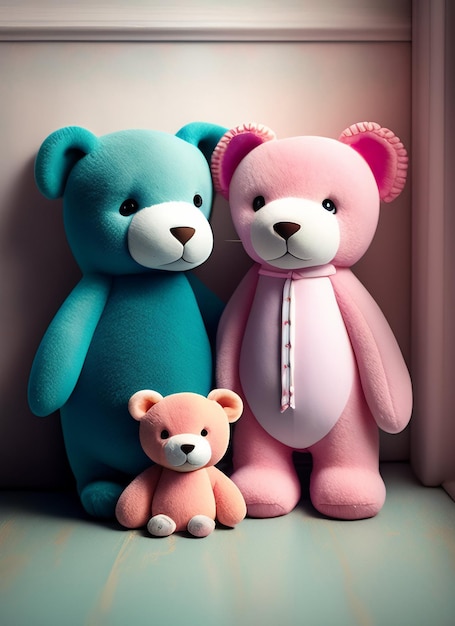 Un ours en peluche rose et bleu et un ours en peluche rose