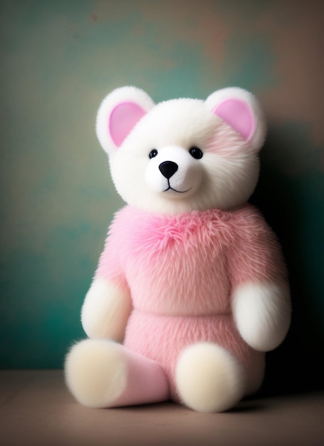 Un ours en peluche rose avec un fond noir et un fond vert.