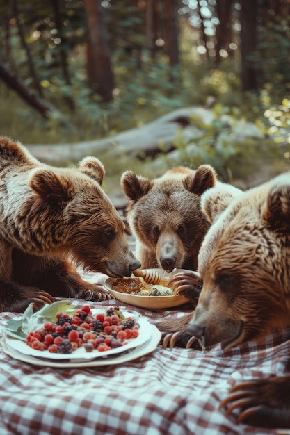 Photo gratuite des ours en train de faire un pique-nique en plein air