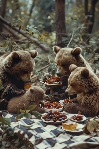 Photo gratuite des ours en train de faire un pique-nique en plein air