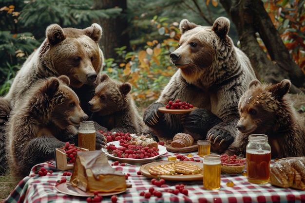 Photo gratuite des ours en train de faire un pique-nique en plein air