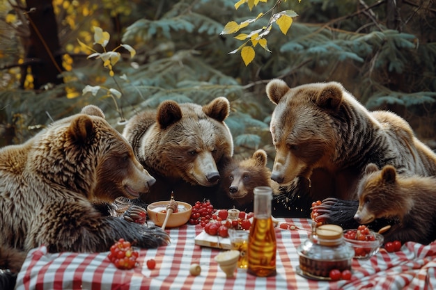 Photo gratuite des ours en train de faire un pique-nique en plein air