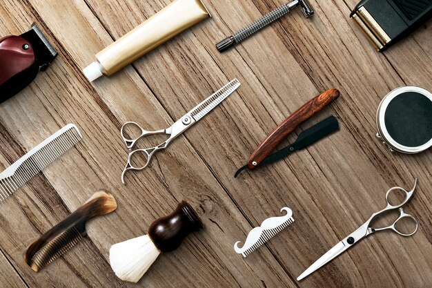 Outils de coiffeur fond d'écran en bois fond d'emploi et concept de carrière