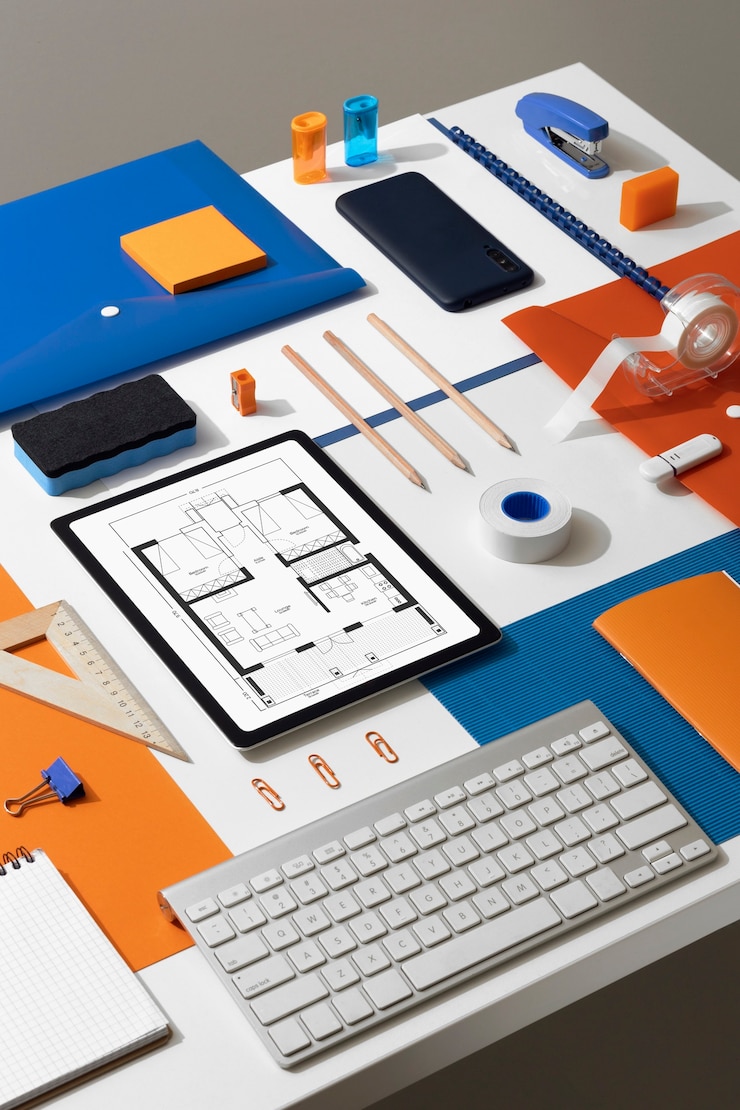 Photo gratuit outils de mesure à angle élevé sur le bureau
