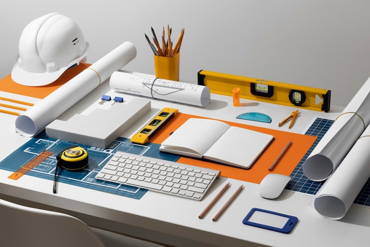 Photo gratuit outils de mesure à angle élevé sur la nature morte du bureau
