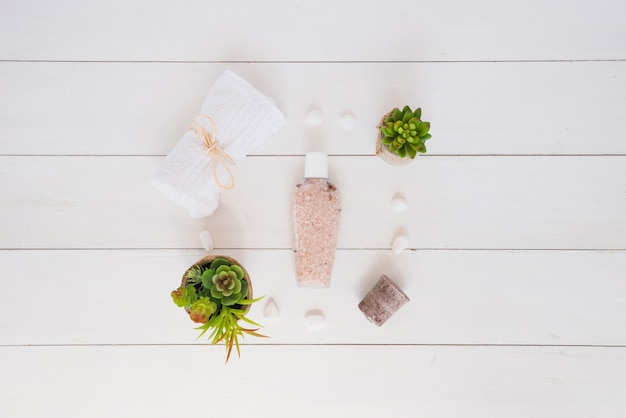 Outils de soin de la peau et pots de fleurs sur une table en bois