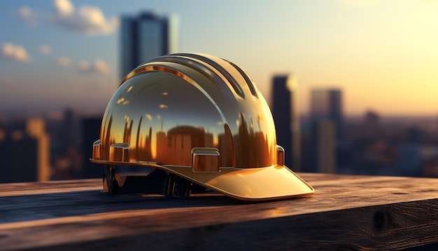 Un ouvrier du bâtiment portant un casque construit un gratte-ciel en ville au coucher du soleil généré par l'intelligence artificielle