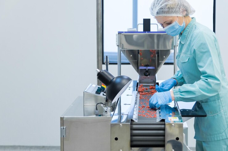 Ouvrière de l'industrie pharmaceutique vêtue de vêtements de protection et chargée de la production de comprimés dans des conditions de travail stériles