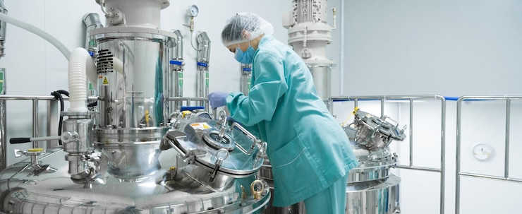 Ouvrière d'une usine pharmaceutique dans une chaîne de production de vêtements de protection en milieu stérile