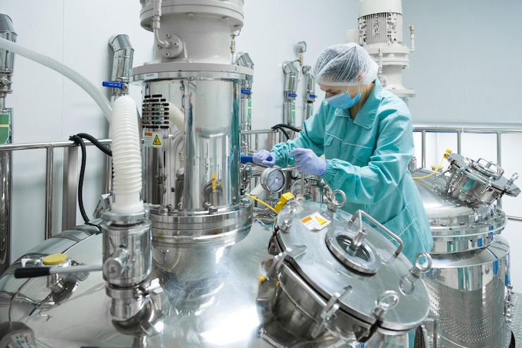 Ouvrière d'une usine pharmaceutique dans une chaîne de production de vêtements de protection en milieu stérile