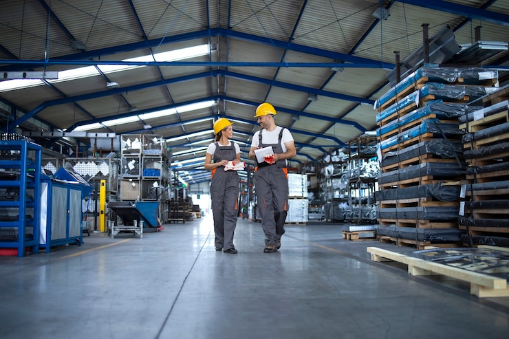 Photo gratuit les ouvriers d'usine en vêtements de travail et casques jaunes marchant dans le hall de production industrielle et discutant de la date limite de livraison