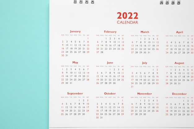 Page de calendrier 2022 sur fond bleu concept de réunion de rendez-vous de planification d'entreprise