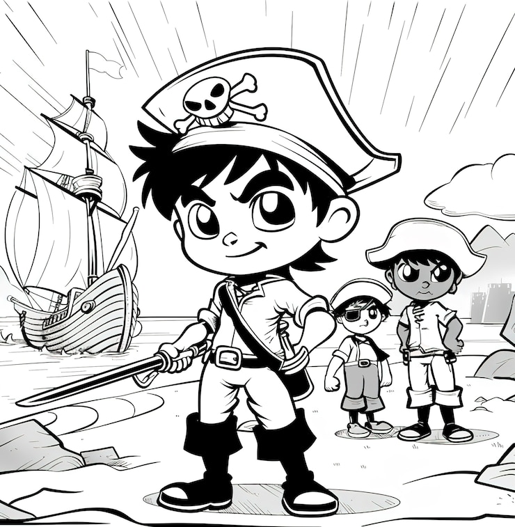 Photo gratuit page à colorier monochrome avec des pirates dans le style de l'art en ligne