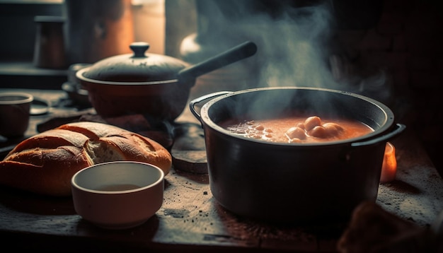 Photo gratuite pain maison rustique cuit au feu de bois généré par ia