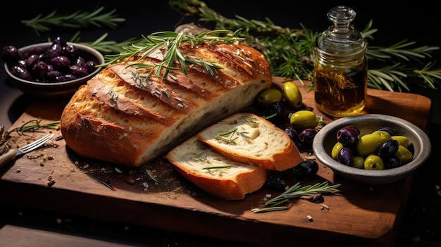 Photo gratuite un pain rustique surmonté d'olives et de romarin vu d'en haut