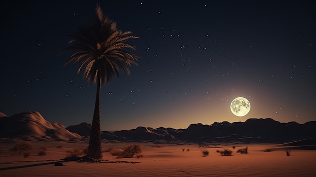 Photo gratuite un palmier dans le désert avec la lune en arrière-plan