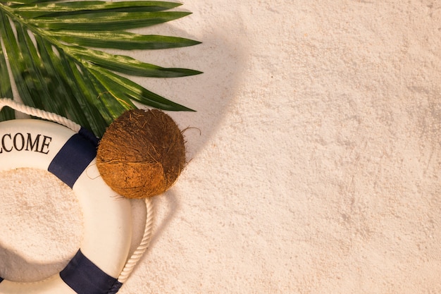Palmier feuille de noix de coco et bouée de sauvetage sur le sable
