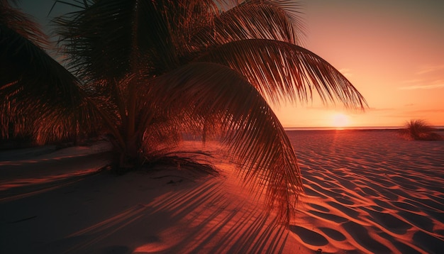 Photo gratuite palmiers tropicaux au coucher du soleil et vagues tranquilles générées par l'ia