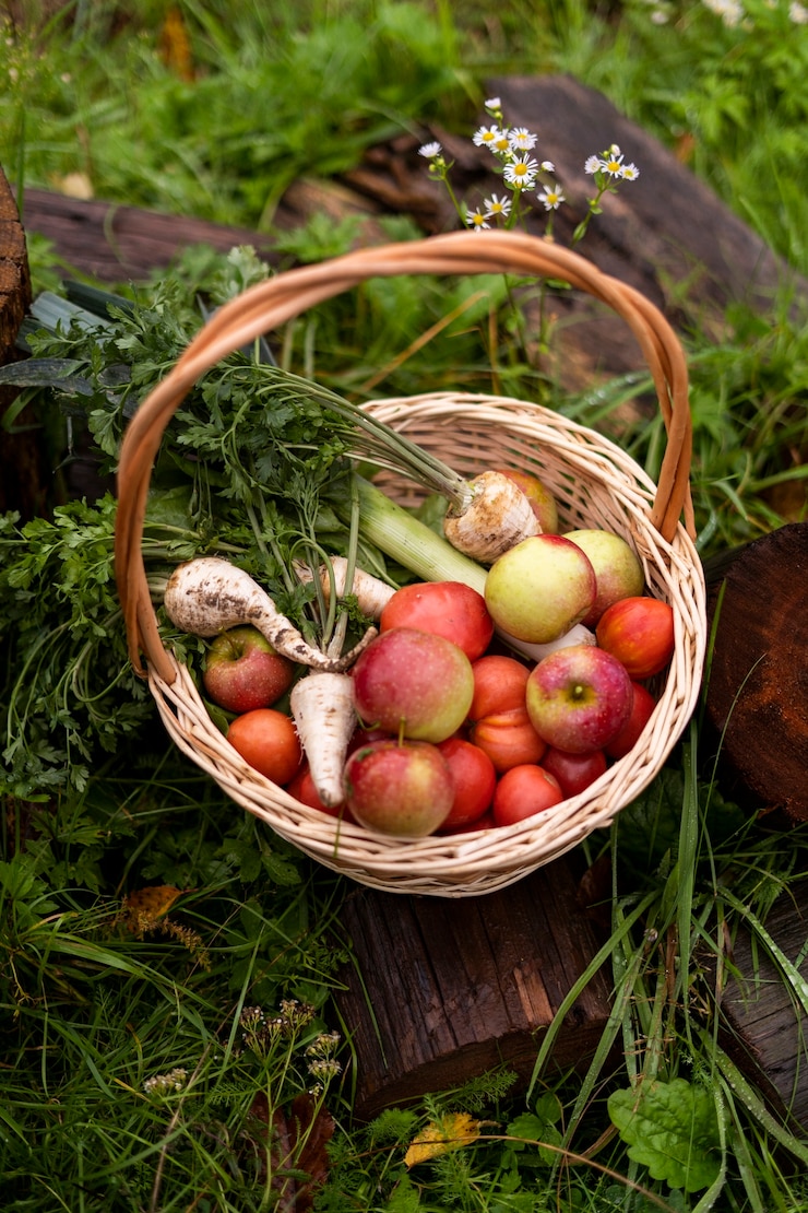 Photo gratuit panier à angle élevé avec des pommes et des légumes