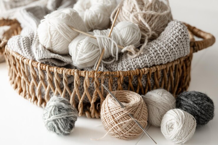 Photo gratuit panier avec des fils de filets rapprochés pour le tricot