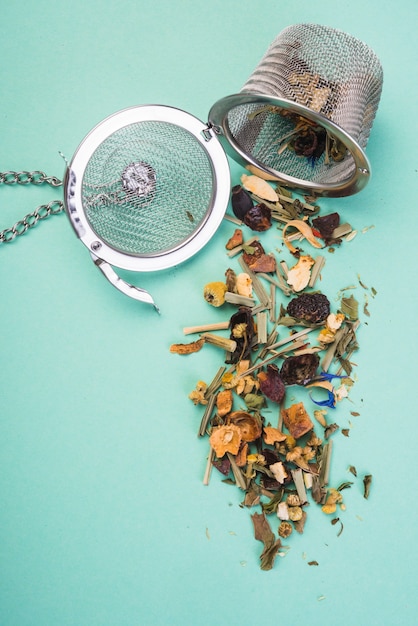 Un panier infusant de thé avec un thé aux herbes ouvertes sur un fond coloré