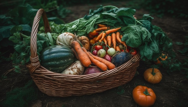 Un panier de légumes est posé sur une table avec un bouquet de tomates en arrière-plan.