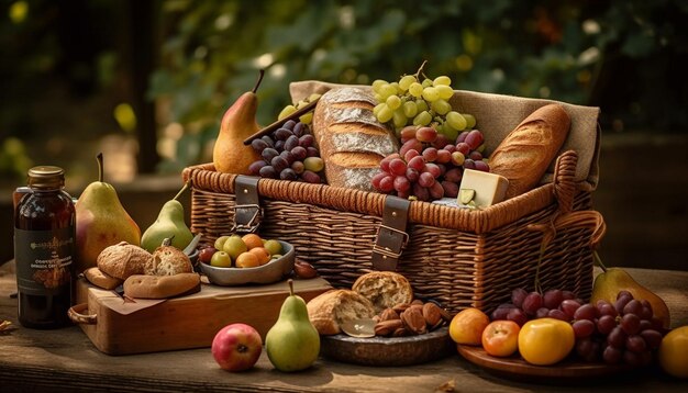 Un panier en osier rustique avec une variation automnale générée par l'IA