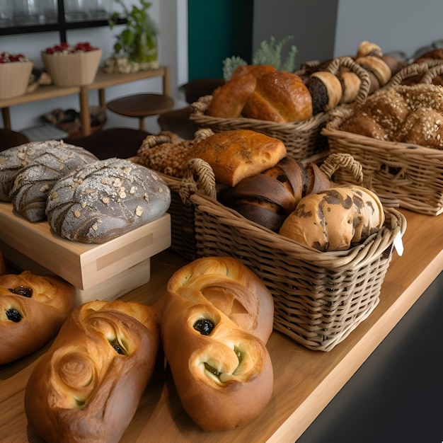 Photo gratuite un panier de pains frais sur une table en bois dans une boulangerie