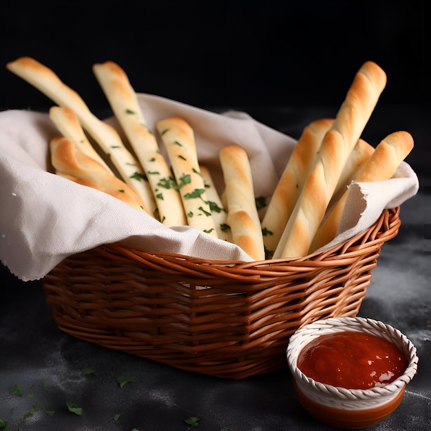 Photo gratuite un panier de pains grissini avec de la sauce tomate sur fond noir