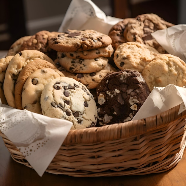 Photo gratuite un panier plein de biscuits au chocolat avec une serviette blanche sur une table en bois