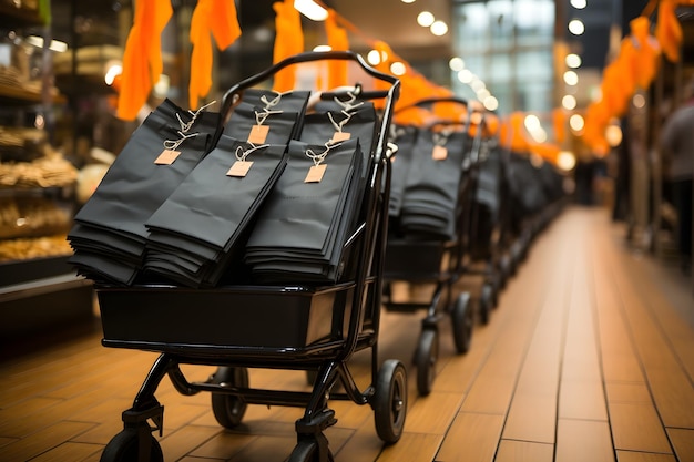 Photo gratuite un panier rempli d'un sac en papier noir