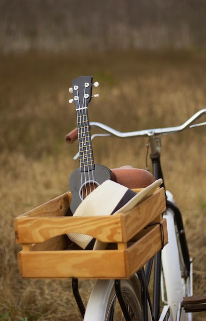 Photo gratuite panier à vélo à angle élevé avec ukulélé