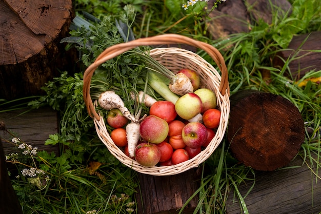 Panier vue de dessus avec pommes et légumes