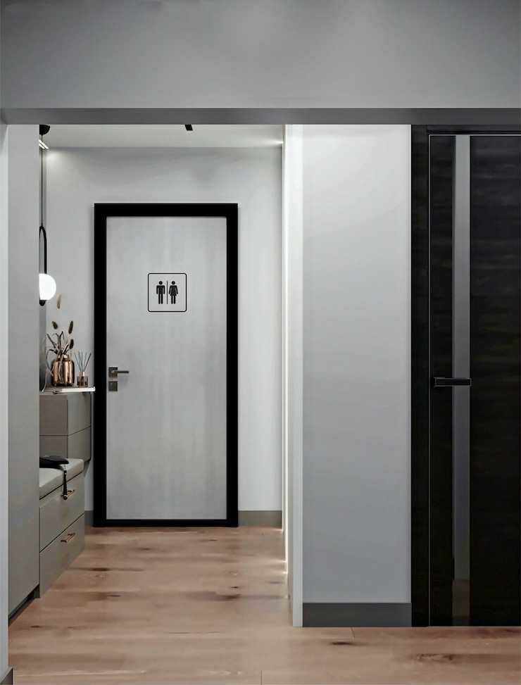 Photo gratuit le panneau de la salle de bain sur la porte métallique
