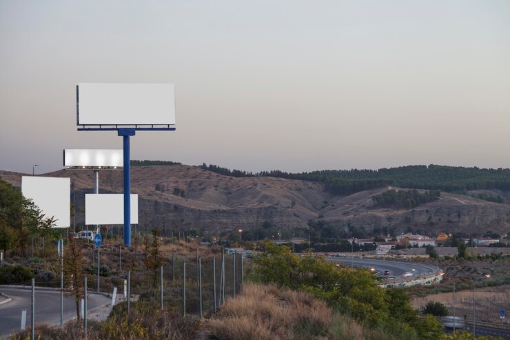 Photo gratuit panneaux d&#39;affichage blancs sur l&#39;autoroute avec les montagnes en arrière-plan