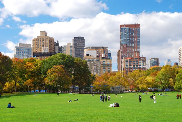 Panorama sur les toits de New York City Manhattan vu de Central Park avec nuages et ciel bleu et personnes dans la pelouse.